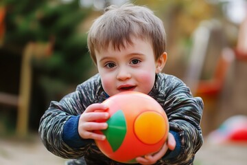 Fototapeta premium Adorable Toddler Boy Holding Colorful Ball Close to Face Outdoors in Autumn
