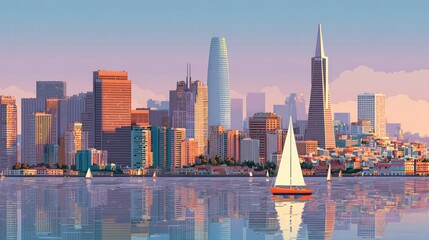 Digital cityscape panorama of a waterfront city