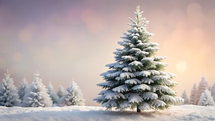 A snowcovered fir tree in a winter landscape with soft sunset light and bokeh effect