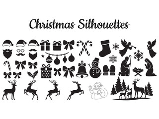 Fototapeta premium Christmas Silhouette Vector Set – Santa, Reindeer, Gifts, Snowflakes, Angels, Ornaments, and Holiday Icons