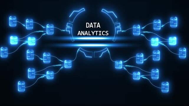 Neon blue data nodes connected in network flow diagram representing data analytics and digital transformation abstract concept with glowing lines and futuristic technology theme - Powered by Adobe