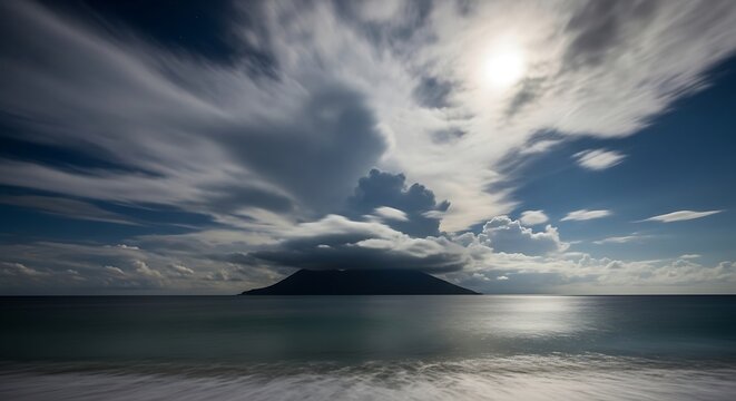Volcanic Island Moonlit Seascape. - Powered by Adobe