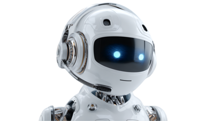 Close up of a cute white robot head with blue glowing eyes isolated on transparent background