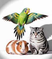 A colorful parrot, a guinea pig, and a cat isolated on white background