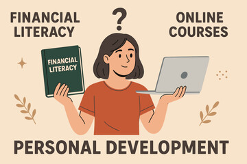Choosing Financial Learning Resources. Banner showing person comparing financial literacy books and online courses for personal