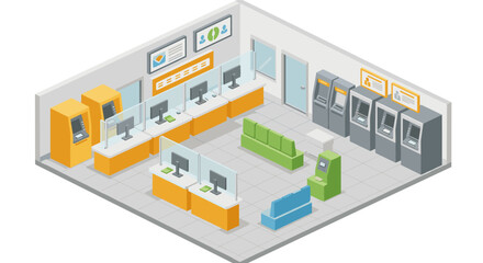 Obraz premium Modern isometric bank interior with counters, atms, and seating area