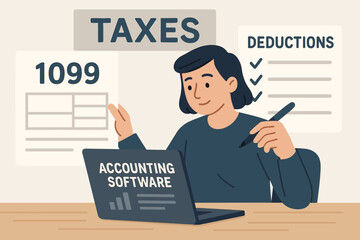 Tax Management Essentials. Banner showing freelancer managing taxes with 1099 forms, deductions list, and accounting software.
