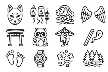 Naklejka premium Yokai Symbol Line Art. Line style icons of yokai manga: kitsune mask, floating lanterns, river spirit, tengu wings; old temple