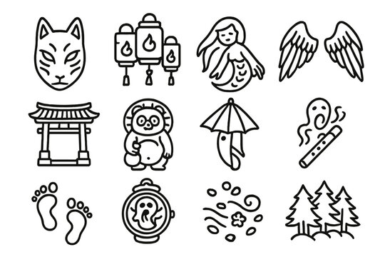 Yokai Symbol Line Art. Line style icons of yokai manga: kitsune mask, floating lanterns, river spirit, tengu wings; old temple