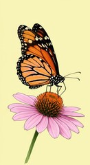 A detailed illustration of a monarch butterfly delicately perched on a vibrant pink coneflower, showcasing a harmonious blend of orange and pink hues against a pale yellow backdrop.
