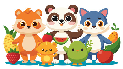 vector graphics, bushes, animals, fruits, berries, flowers, beavers, cats, squirrels, bugs, raccoons, chanterelles, frogs, birds, worms, clouds, banner, advertising, juices, children's, cartoon, natur