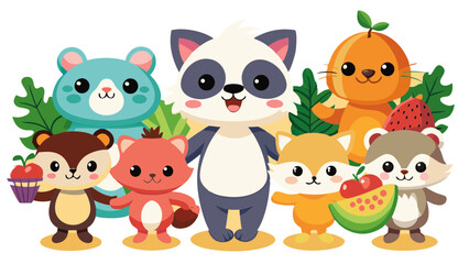 Fototapeta premium vector graphics, bushes, animals, fruits, berries, flowers, beavers, cats, squirrels, bugs, raccoons, chanterelles, frogs, birds, worms, clouds, banner, advertising, juices, children's, cartoon, natur