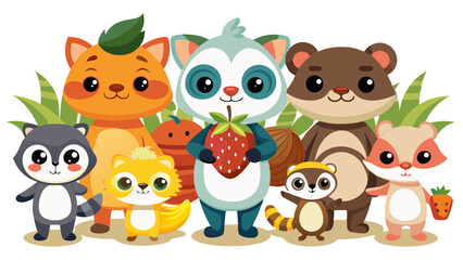Naklejka premium vector graphics, bushes, animals, fruits, berries, flowers, beavers, cats, squirrels, bugs, raccoons, chanterelles, frogs, birds, worms, clouds, banner, advertising, juices, children's, cartoon, natur