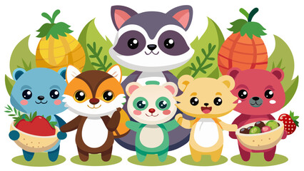 Naklejka premium vector graphics, bushes, animals, fruits, berries, flowers, beavers, cats, squirrels, bugs, raccoons, chanterelles, frogs, birds, worms, clouds, banner, advertising, juices, children's, cartoon, natur