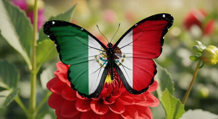 Stunning butterfly showcases Mexican flag colors landing on vibrant red flower, celebrating national pride and beauty