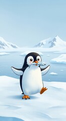 Obraz premium A cheerful penguin, holding a fish, strolls across a snowy landscape, showcasing vibrant colors and a joyful mood.