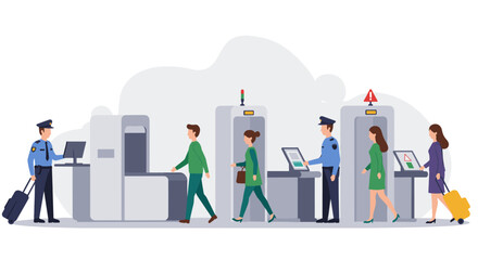 Airport security checkpoint with passengers passing through screening machines