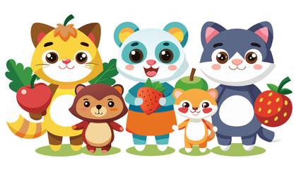 Naklejka premium vector graphics, bushes, animals, fruits, berries, flowers, beavers, cats, squirrels, bugs, raccoons, chanterelles, frogs, birds, worms, clouds, banner, advertising, juices, children's, cartoon, natur