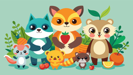 Fototapeta premium vector graphics, bushes, animals, fruits, berries, flowers, beavers, cats, squirrels, bugs, raccoons, chanterelles, frogs, birds, worms, clouds, banner, advertising, juices, children's, cartoon, natur