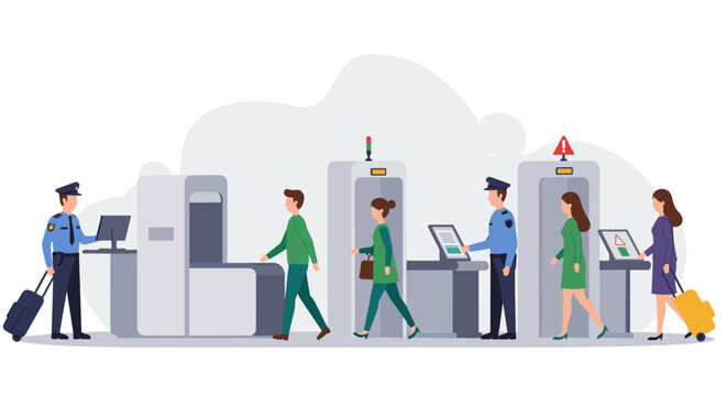 Airport security checkpoint with passengers passing through screening machines