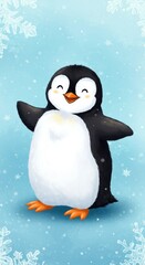 Fototapeta premium A cheerful penguin with outstretched wings, against a backdrop of snowflakes, evokes a happy winter scene.