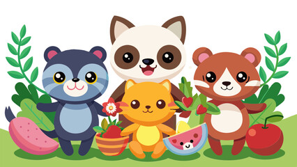 vector graphics, bushes, animals, fruits, berries, flowers, beavers, cats, squirrels, bugs, raccoons, chanterelles, frogs, birds, worms, clouds, banner, advertising, juices, children's, cartoon, natur