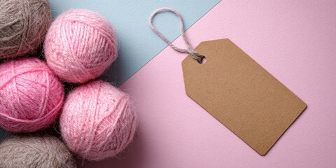 Balls of yarn and a tag on a pastel background