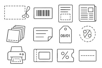 Printable Coupon Icons. Line style icons of printable coupons: dotted rectangle with scissors, paper coupon with barcode, printed