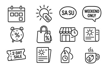 Weekend Deal Icons. Line style icons of weekend coupons: calendar with weekend box, sun with discount tag, Saturday-Sunday badge,
