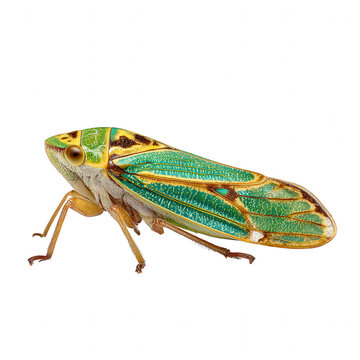 Colorful leafhopper insect with green and yellow wings isolated on transparency background, showing detailed texture and delicate legs in sharp focus