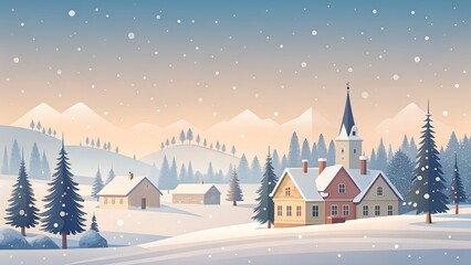 Fototapeta premium A picturesque winter village scene with snow falling gently on quaint houses and snowcovered mountains in the background