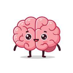 Obraz premium Cute brain character in a flat 2D vector illustration stands cheerfully on a plain white background, embodying intelligence, learning, and playful thinking.