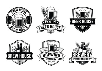 Set of vintage black and white brewery logos with beer mugs, bottles, hops, and wheat, designed as retro badges and emblems perfect for pubs, craft beer branding, and bar promotions