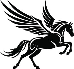 Elegant Black Pegasus Winged Horse Silhouette in Motion, Powerful Mythical Creature, Vector Illustration on White Background