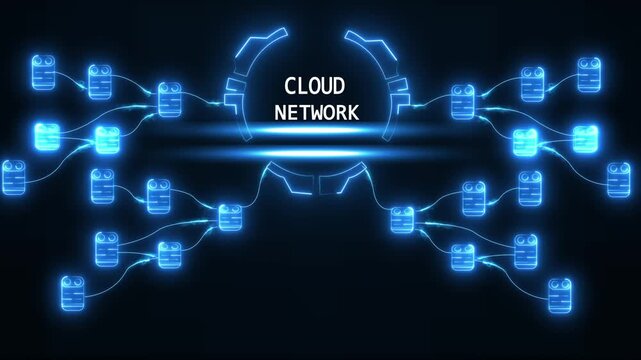Futuristic cloud network visualization abstract glowing blue nodes connected by light lines digital data transfer technology concept