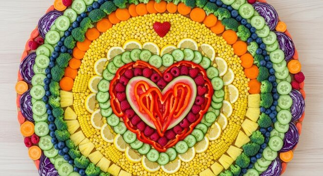Circular food display with a central heart made of red produce surrounded by concentric rings of various fruits and vegetables - Powered by Adobe