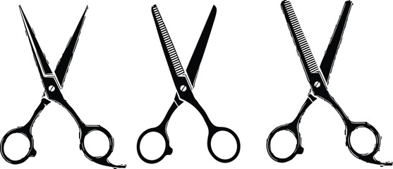 Fototapeta premium Vector set of three professional black barber scissors for a hairdressing salon, isolated on a white background. Hair cutting tool icon collection
