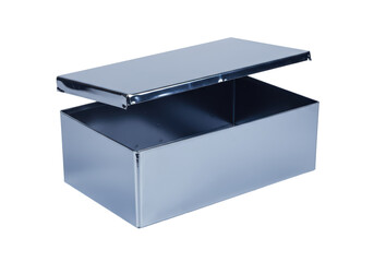 Isolated Metal Box with Lid Slightly Open, Chrome Plated Storage Container, Silverware