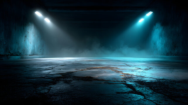 Dark street, asphalt abstract dark blue background, mpty open dark scene neon ight, spotlights The concrte floor and studio room wth faint smoke float up th interior texture for dispay products
