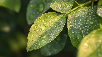 Green and yellow leaves with water droplets, green background, close-up, natural setting, sunlight, freshness
