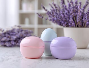 Three cosmetic jars on a marble surface with lavender sprigs