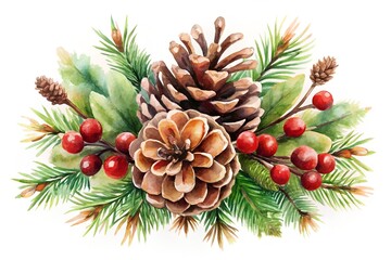 Christmas pine cones and red berries decoration isolated on white background