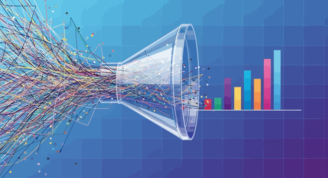 Digital data funnel processing and transforming chaotic information into a structured business analytics bar chart for insights
