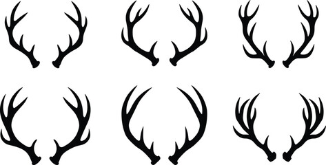 Set of Black Silhouettes of Deer Antlers in Various Designs, Elegant Vector Illustration for Wildlife and Nature
