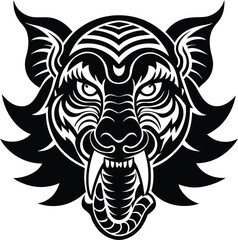 Obraz premium Vector art of fierce tiger head with bared fangs and intricate details