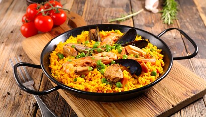 Seafood paella on a wooden table