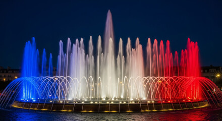 Stunning illuminated fountain bursts with vibrant patriotic colors at night, creating magical ambiance