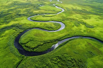 Serpentine river winding through lush green landscape