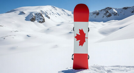 Canadian snowboarder's dream, iconic maple leaf design against stunning snow-covered mountain landscape