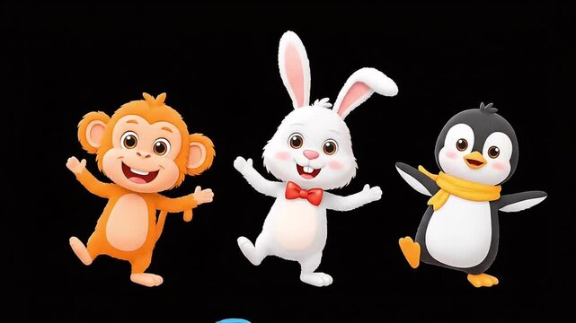 Three cartoon animals, a monkey, rabbit, and penguin, happily dancing together against a black background.